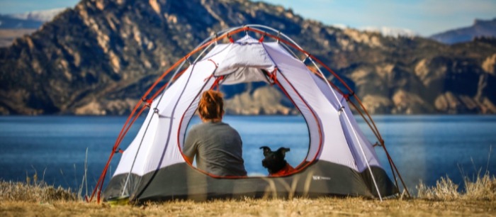 Hond met baasje in een tent