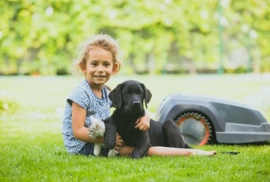 Meisje met kat en hond op gazon naast robotmaaier